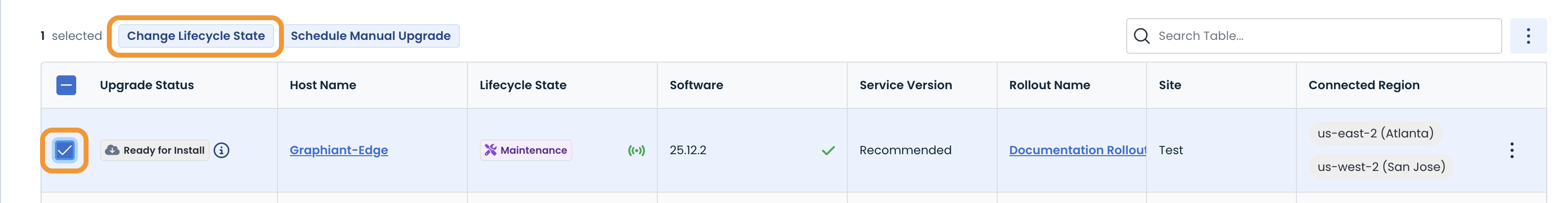 Table displaying lifecycle states and upgrade statuses for various software components.